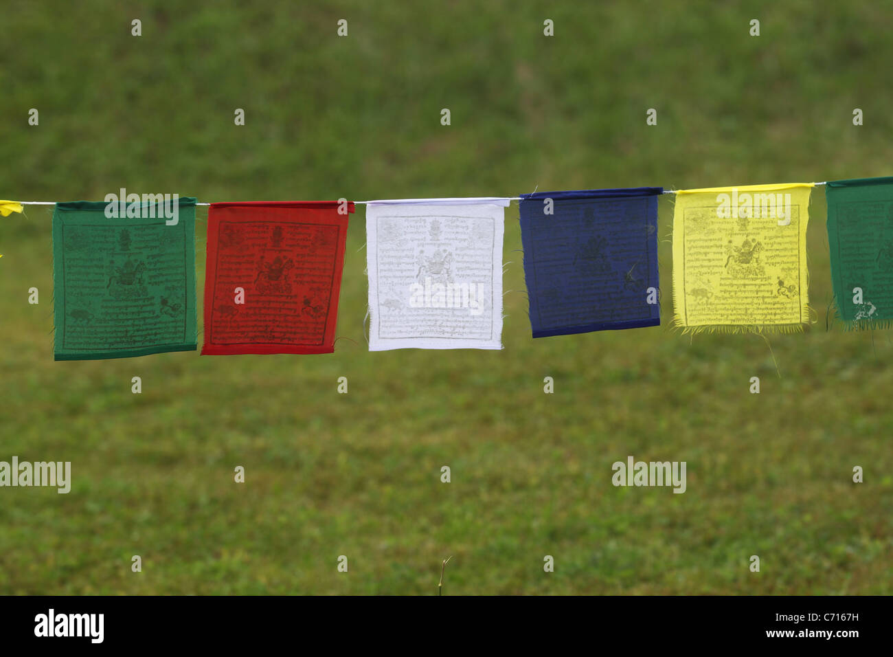 Verde, rosso, bianco, blu e giallo quadrato appeso bandiere Foto Stock