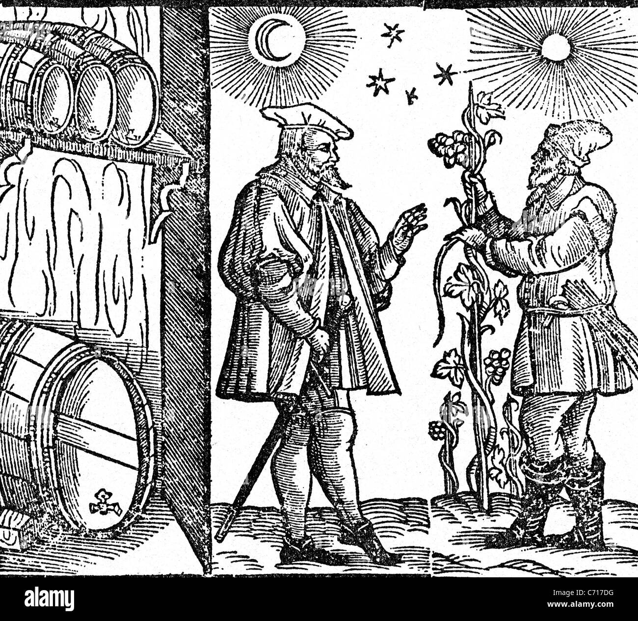 La viticoltura in Germania medievale. Silografia che mostra il proprietario della vigna con uno dei suoi lavoratori controllare i vitigni Foto Stock
