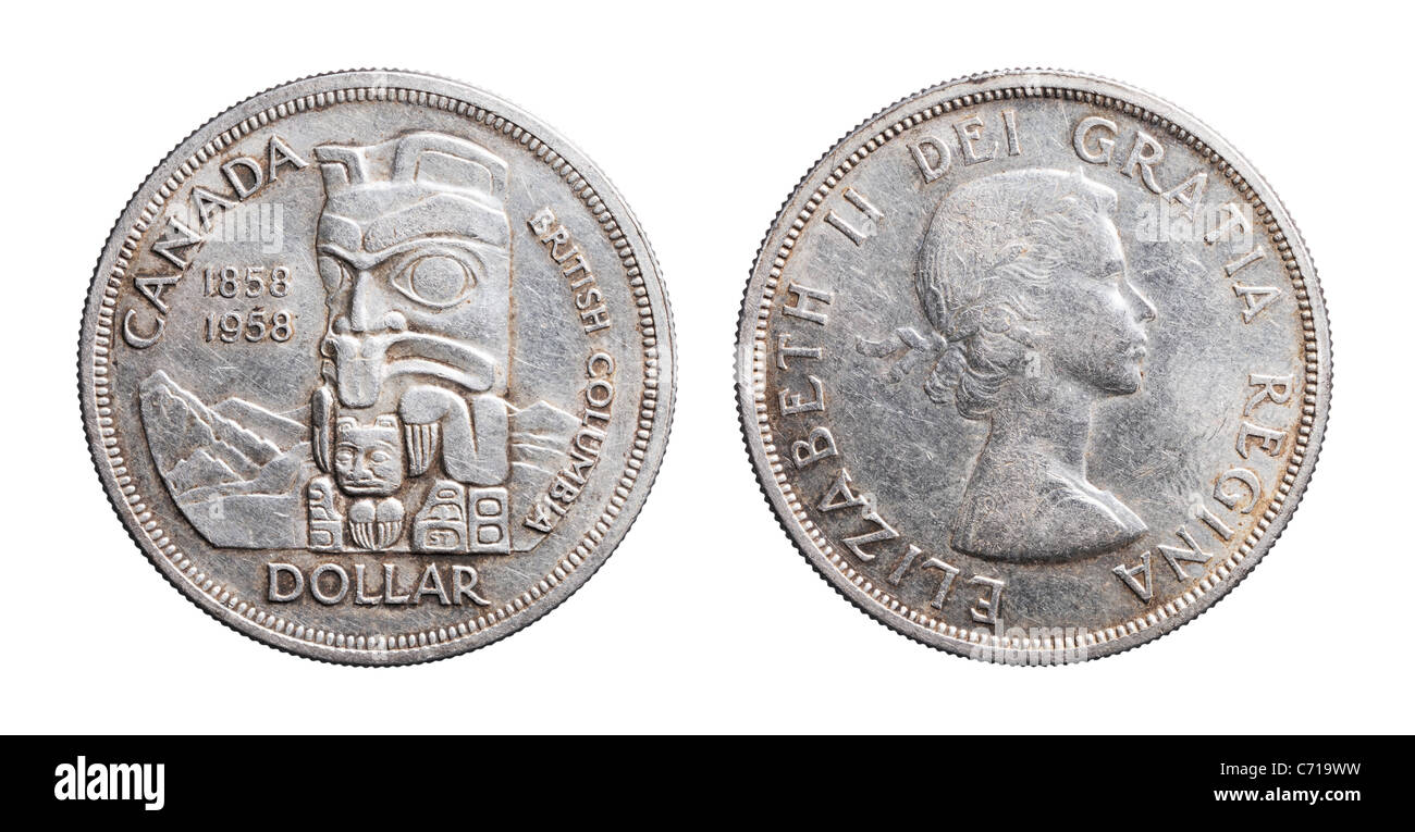 Canadese commemorativa moneta d'argento dal 1958 celebra i suoi cento anni di British Columbia. Logoro e sporco moneta. Foto Stock