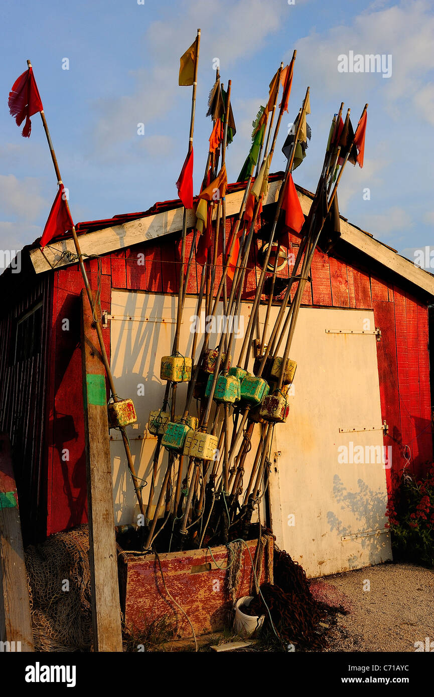 Colorato ostricoltori' capanna nel villaggio di Chateau d'Oleron, Oleron Island, Charente Maritime, Francia Foto Stock
