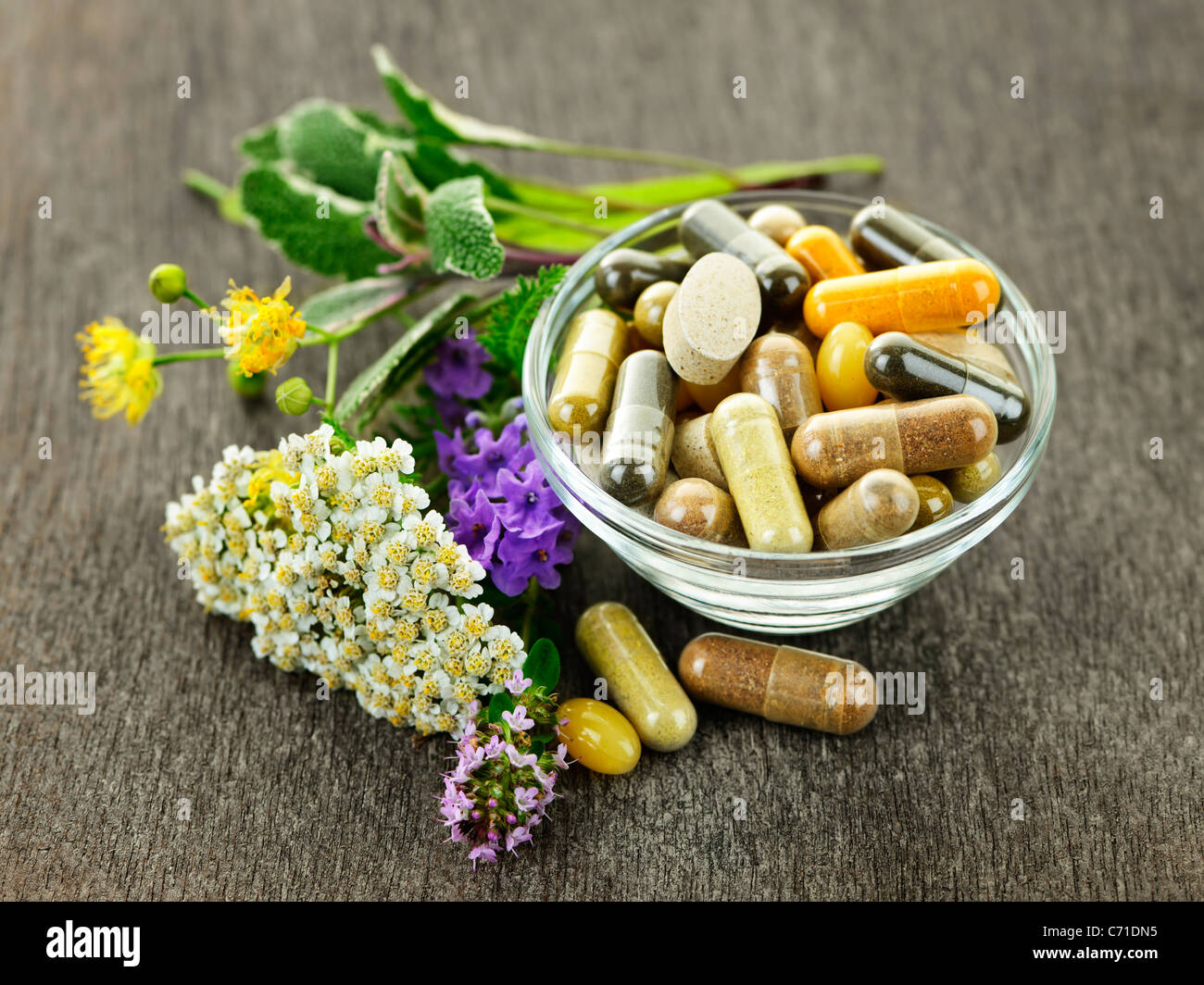 Le erbe aromatiche con la medicina alternativa i supplementi a base di erbe e pillole Foto Stock