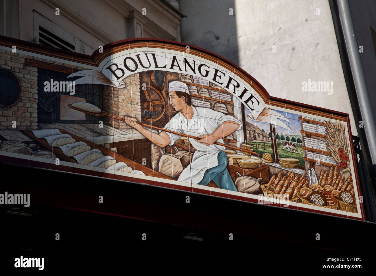 Boulangerie Shop segno Rue Faubourg du Temple, Parigi, Francia Foto Stock