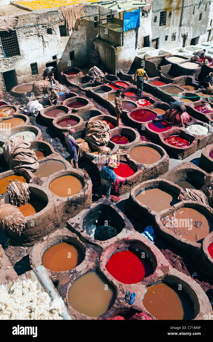 Chouwara tradizionale in pelle di conceria vecchio Fez, tini per la concia e tintura di cuoio Cuoi e pelli, Fez, in Marocco, Africa del Nord Foto Stock