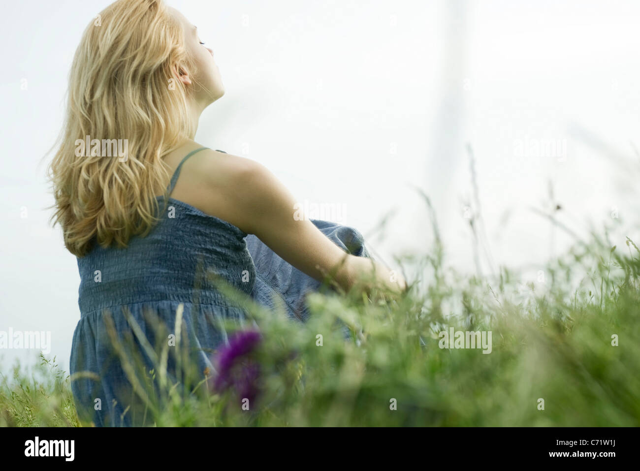 Giovane donna seduta in erba, fantasticando Foto Stock