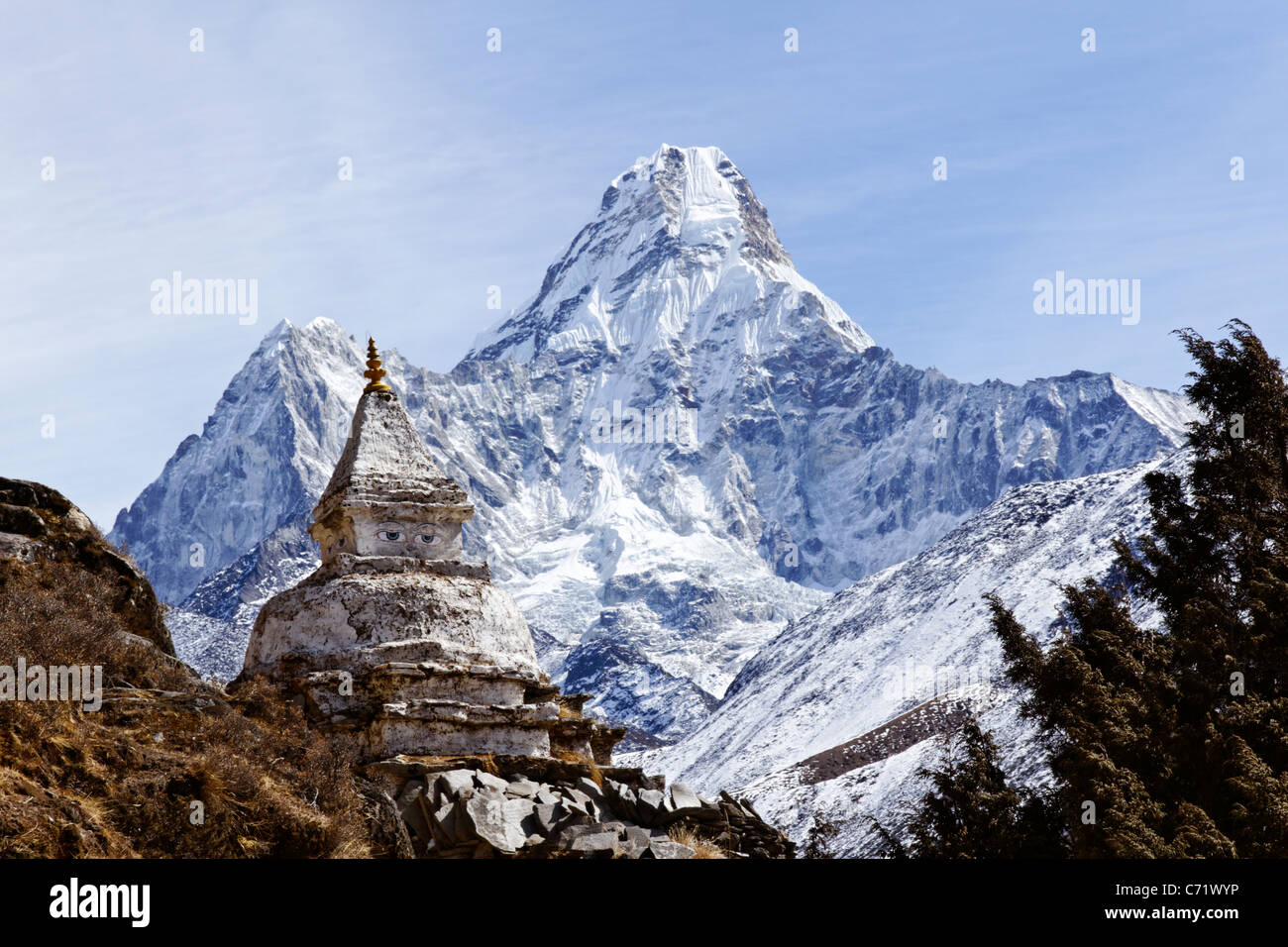 Stupa buddisti e Ama Dablam montagna, Everest Regione, Nepal Foto Stock