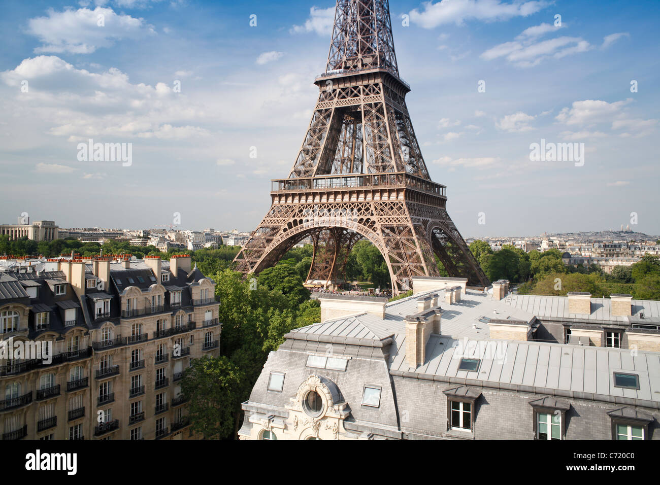 Francia, Parigi Torre Eiffel, vista sopra i tetti Foto Stock