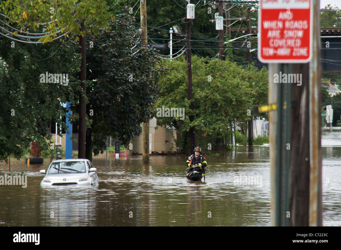 Il fiume Passaic allagata dopo l uragano Irene ha colpito il nord del New Jersey che il 28 agosto, 2011. Foto Stock