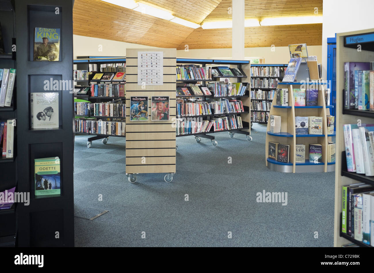 All'interno di una biblioteca con libri su libro scaffali. Il Galles, Regno Unito, Gran Bretagna. Foto Stock