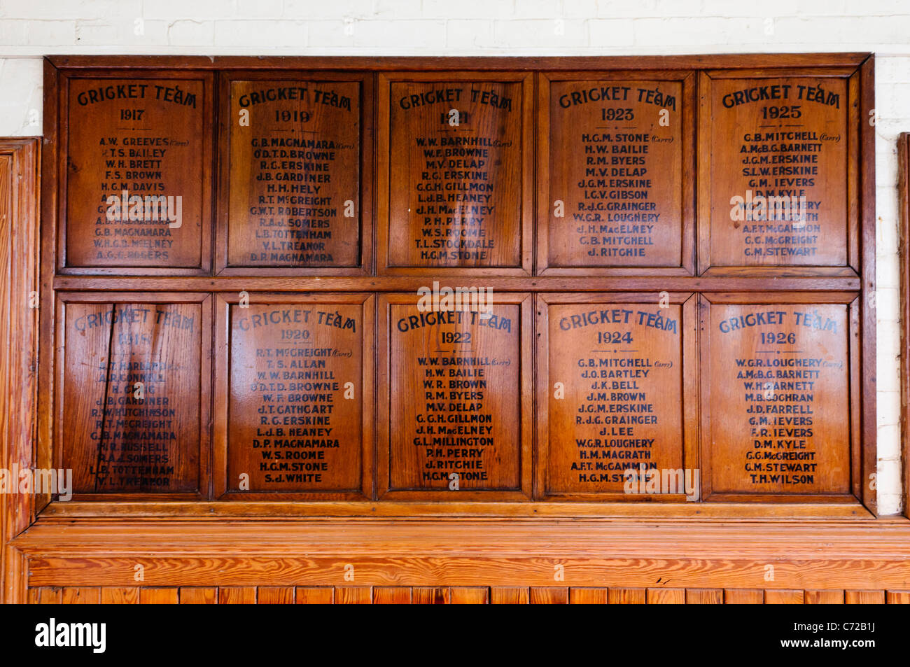 Placche in legno con i nomi di cricket i membri del team dal 1917 al 1926 Foto Stock
