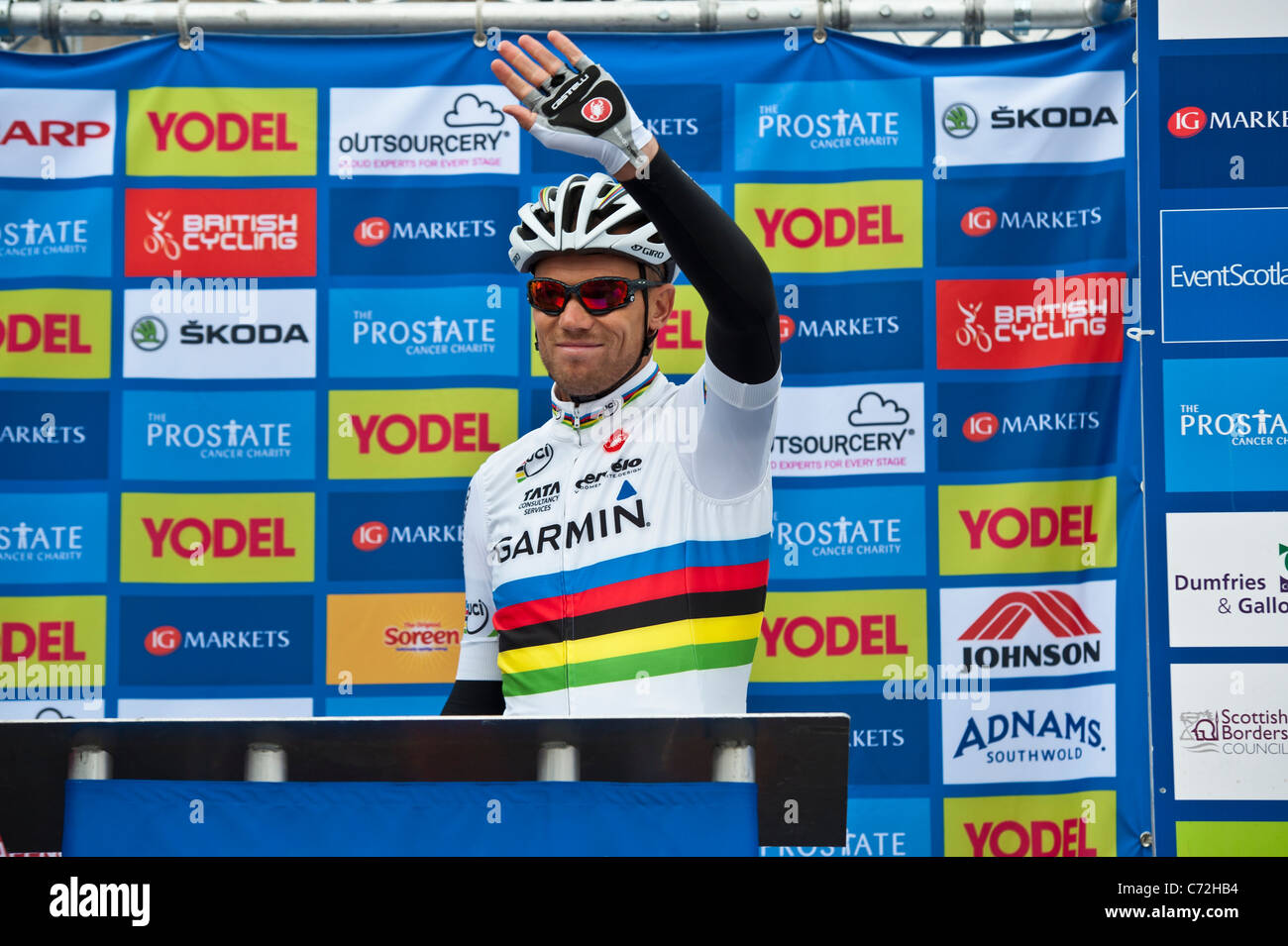 World Road Champion Race, Thor HUSHOVD al 2011 Tour della Gran Bretagna uno stadio a Peebles, Scottish Borders Foto Stock