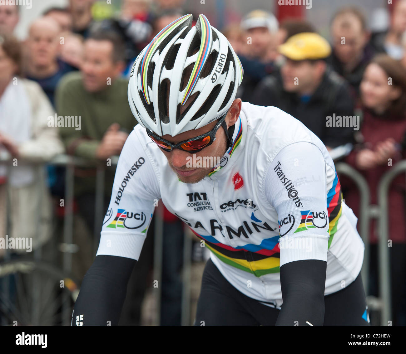 World Road Champion Race, Thor HUSHOVD al 2011 Tour della Gran Bretagna uno stadio a Peebles, Scottish Borders Foto Stock