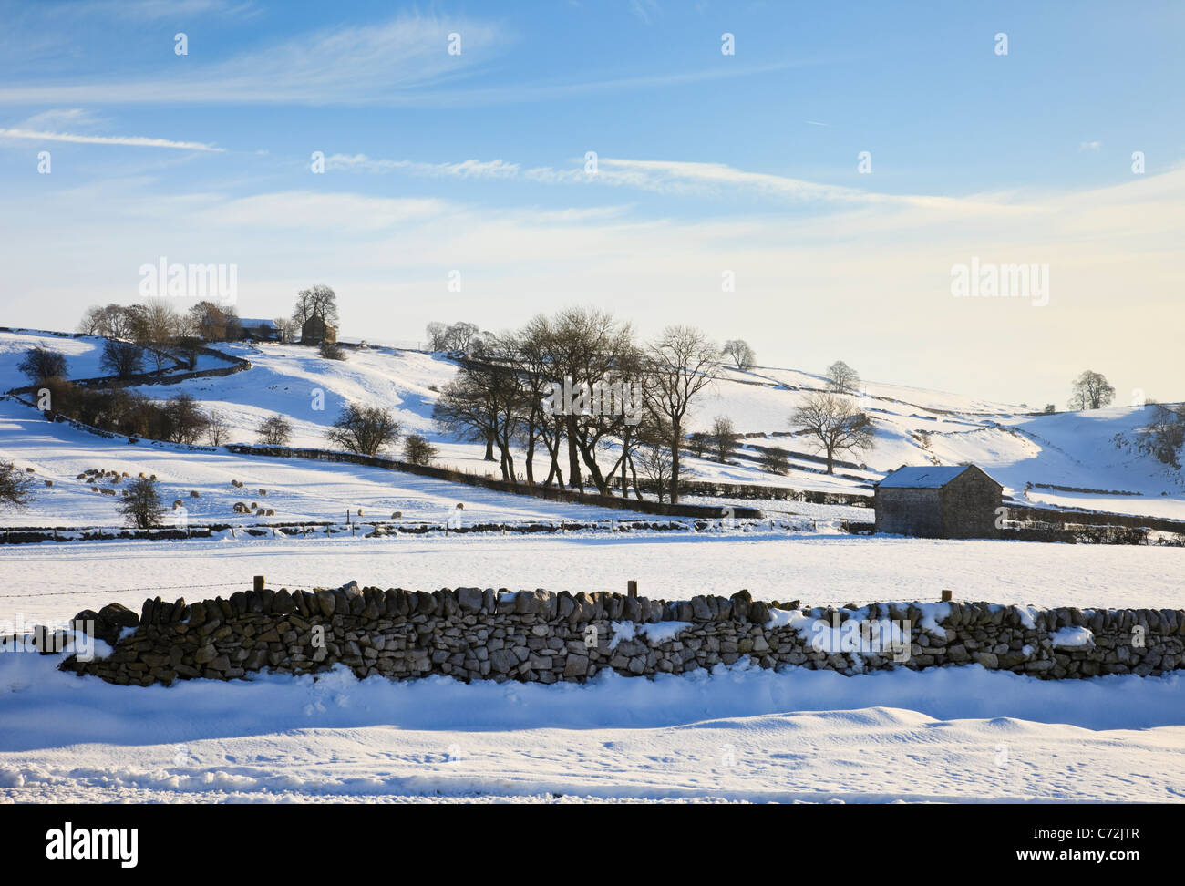 Paese neve scena con fienile e muro di pietra su una fattoria nel Peak District National Park in inverno. Hartington Derbyshire Inghilterra Gran Bretagna Foto Stock