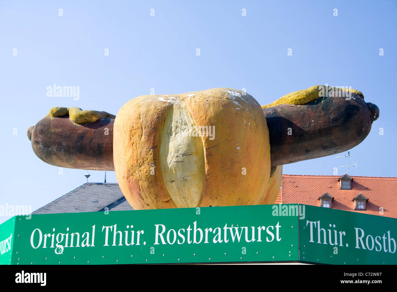 Scultura di pubblicità promozione Thueringer Rostbratwurst, salsiccia alla brace, Weimar, Turingia, Germania, Europa Foto Stock