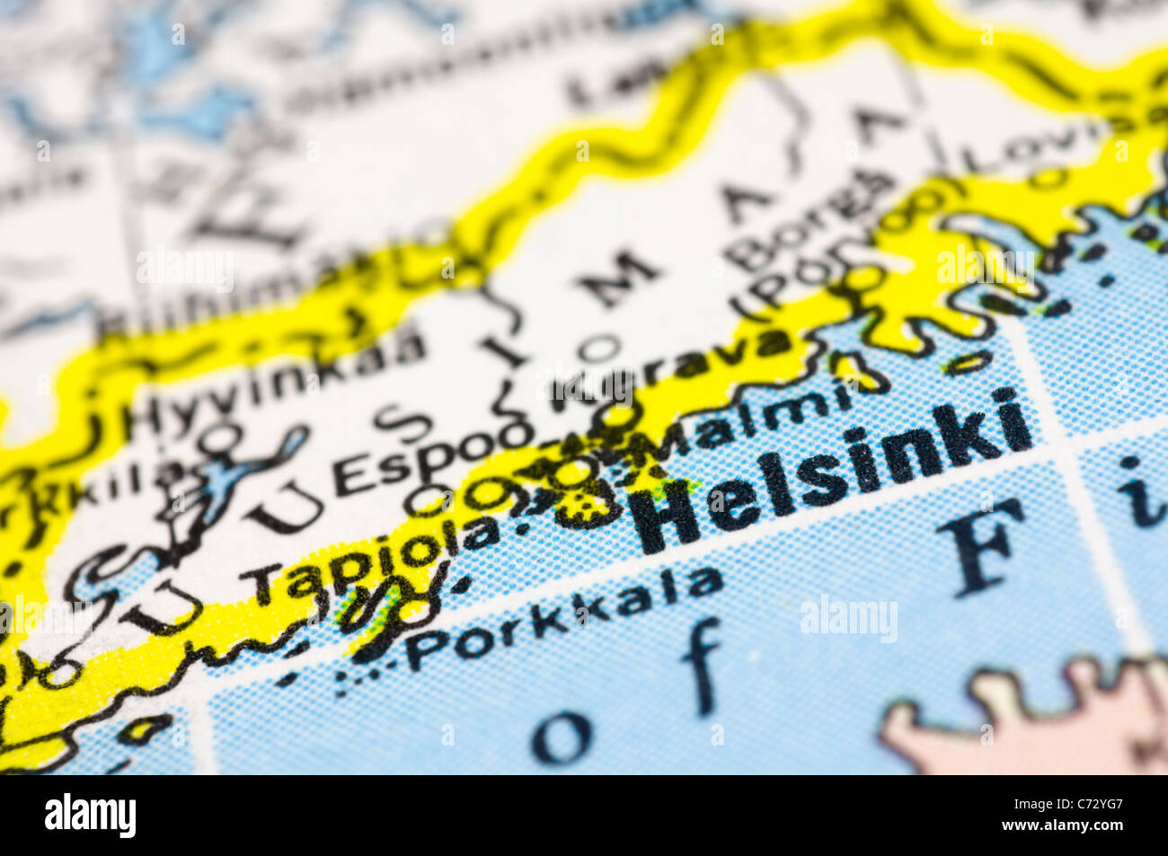 Un'immagine ravvicinata di Helsinki, capitale della Finlandia sulla mappa. Foto Stock