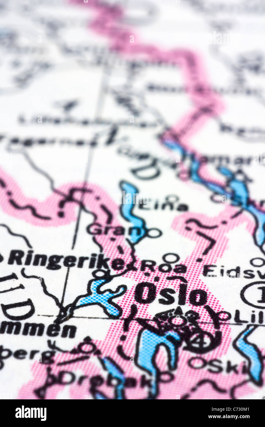 Oslo, una immagine ravvicinata di Norvegia capitale sulla mappa. Foto Stock
