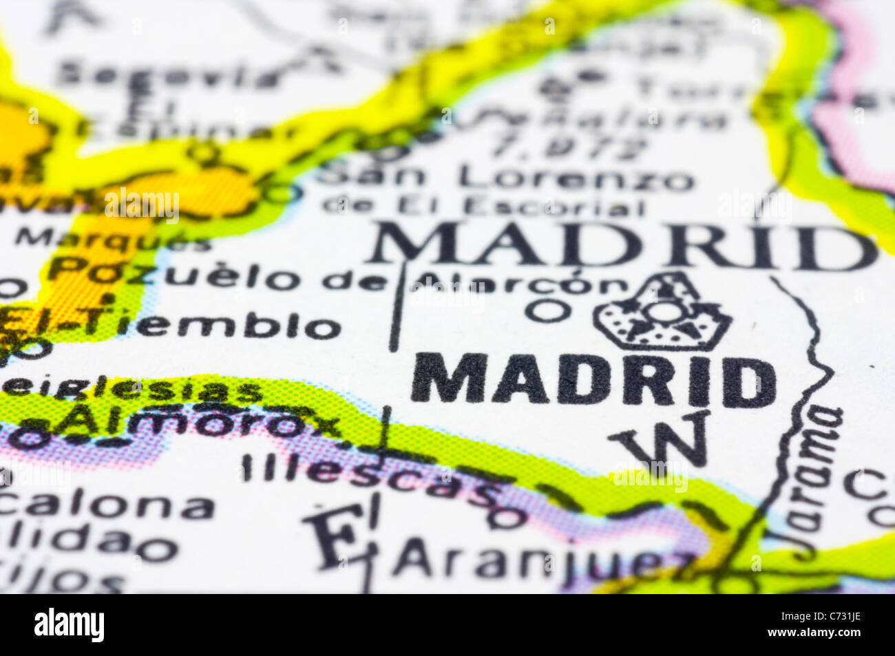 Un'immagine ravvicinata di Madrid sulla mappa, capitale della Spagna. Foto Stock