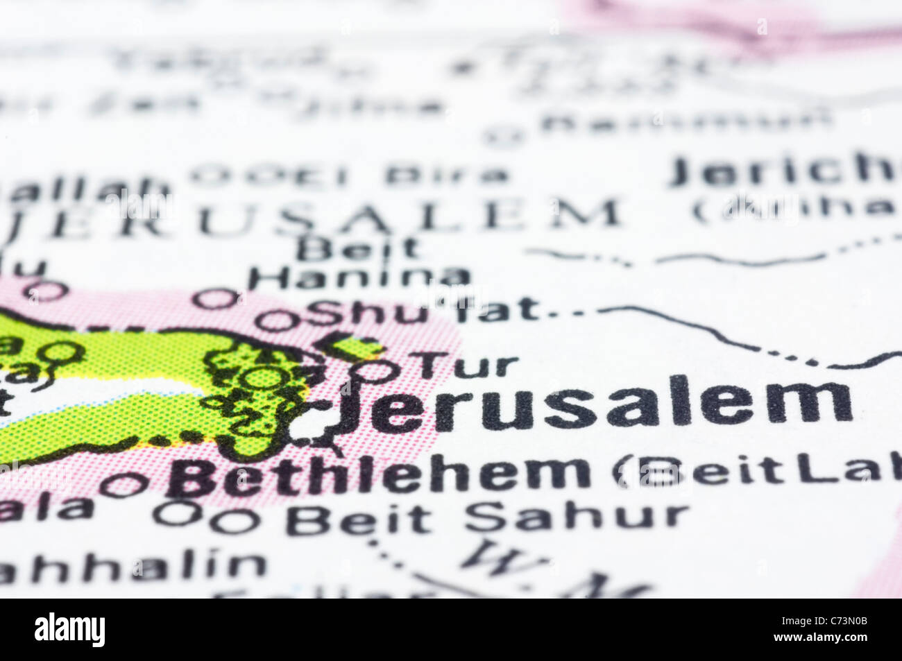 Un'immagine ravvicinata di Gerusalemme sulla mappa, capitale dello Stato di Israele. Foto Stock