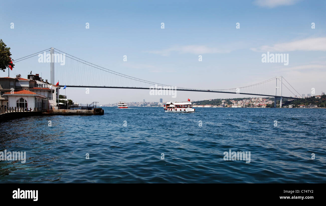 Acque sotto il Bosforo Bogazici Kpr ponte di barche, la Crociera Blue Skies, turco e bandiere europee, panoramica di Istanbul Foto Stock