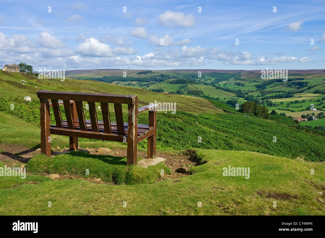 Vista dalla panca in legno che guarda verso Rosedale in estate North Yorkshire Inghilterra Regno Unito GB Gran Bretagna Foto Stock