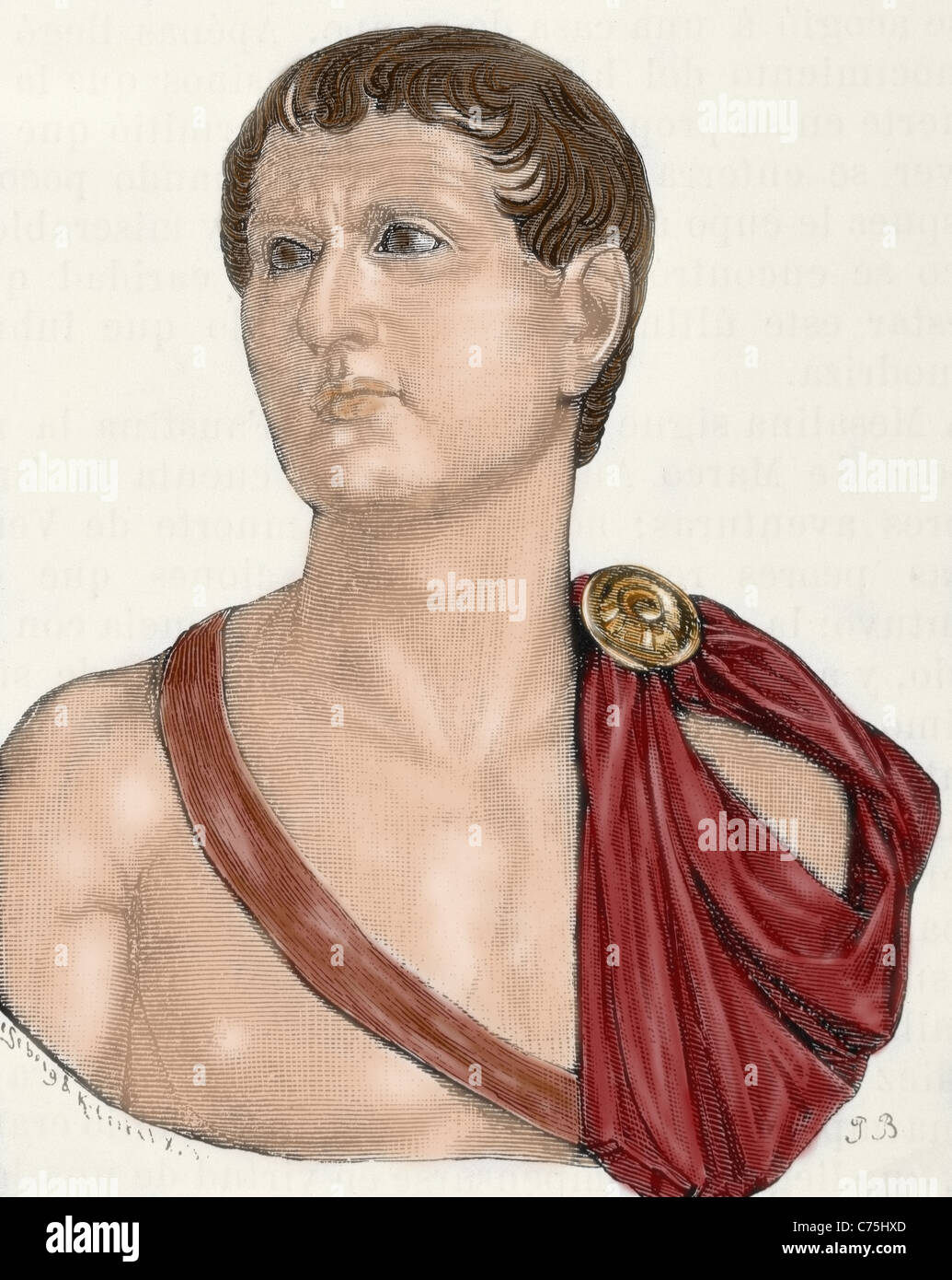 Germanico Giulio Cesare (15 A.C.-19 d.C.). Il generale romano e console. Incisione colorata. Foto Stock