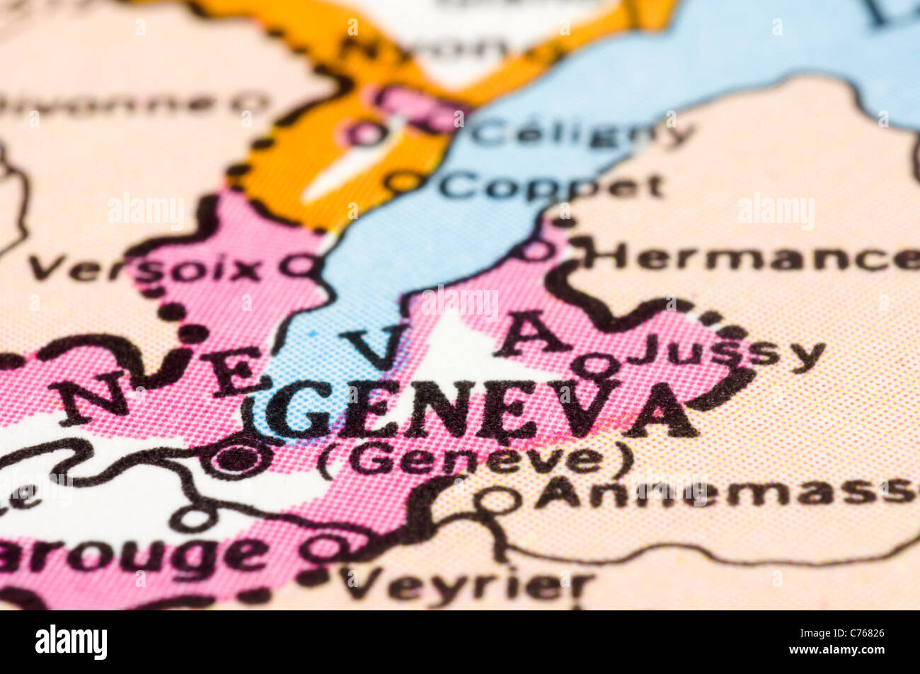 Close up di Ginevra sulla mappa, città della Svizzera Foto Stock