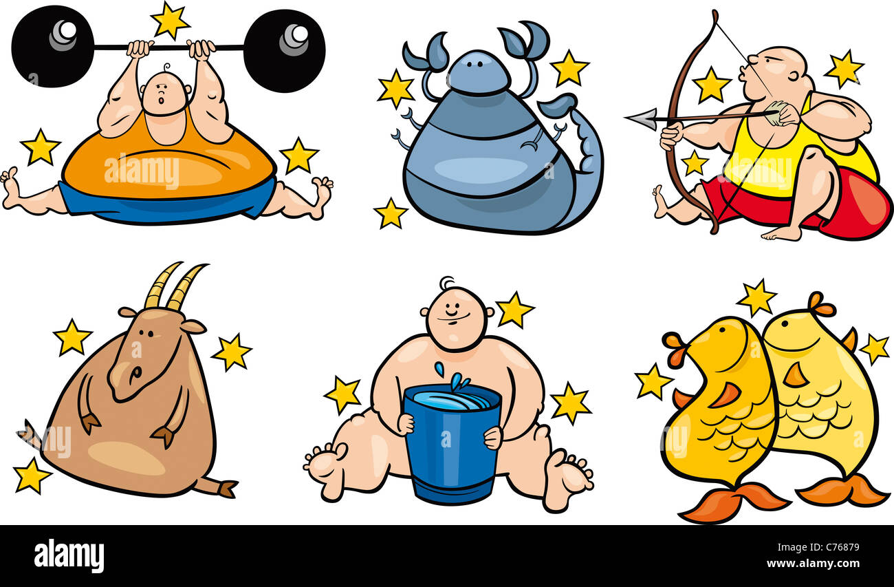 Illustrazione di sei sovrappeso segni zodiacali da novembre a marzo Foto Stock