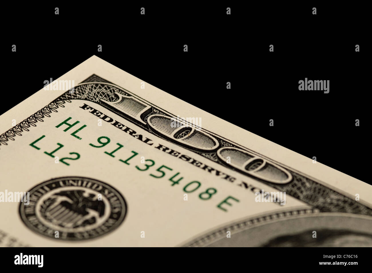 Macro girato di un angolo di 100 dollari USA Bill Foto Stock
