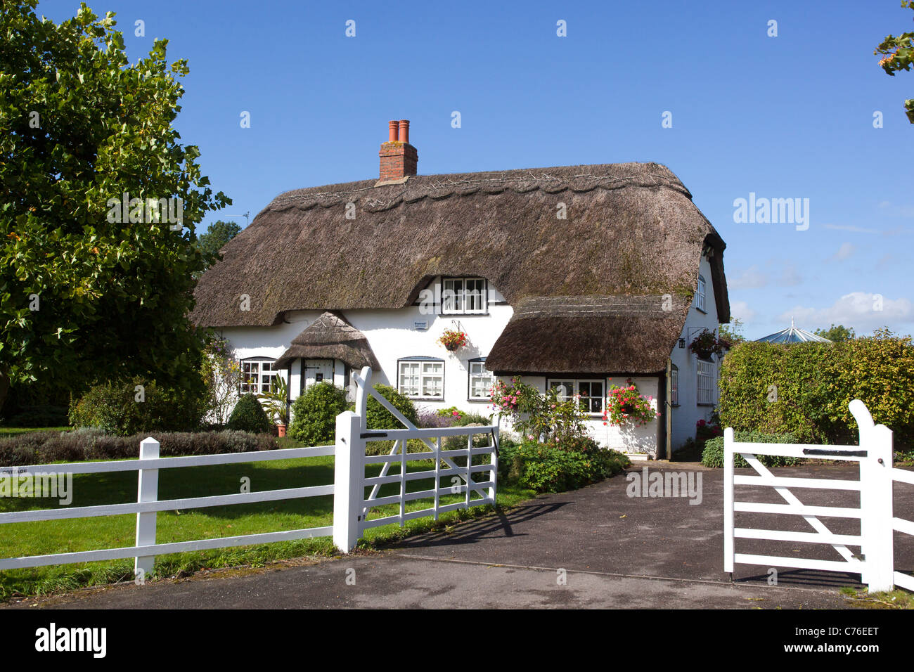 Pittoreschi cottage con il tetto di paglia Allington vicino a Devizes nel Wiltshire Foto Stock