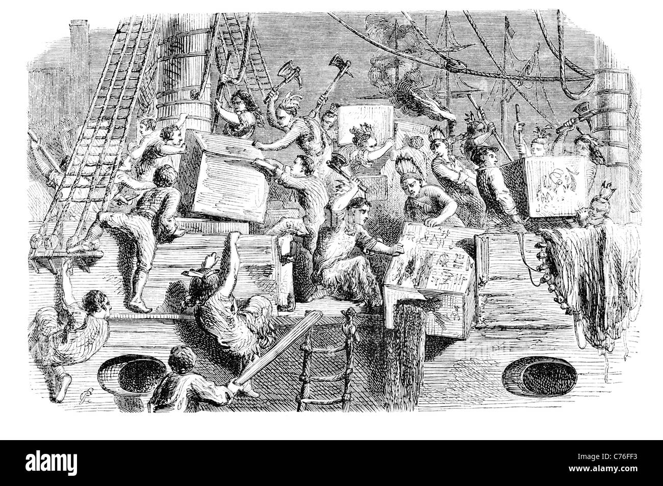 Il Boston Tea Party colono coloni colonia britannica del governo del Massachusetts East India Company importati ha rifiutato tre shiploads Foto Stock