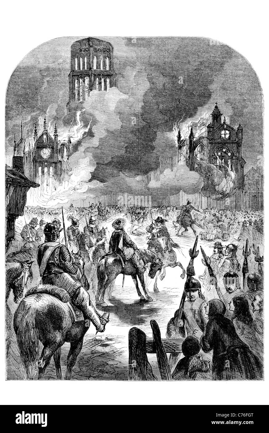 Grande Incendio di Londra 1666 Città medievale la Cattedrale di St Paul e fuoco fiamme consumavano fireman distruzione termica terrore disaster Foto Stock