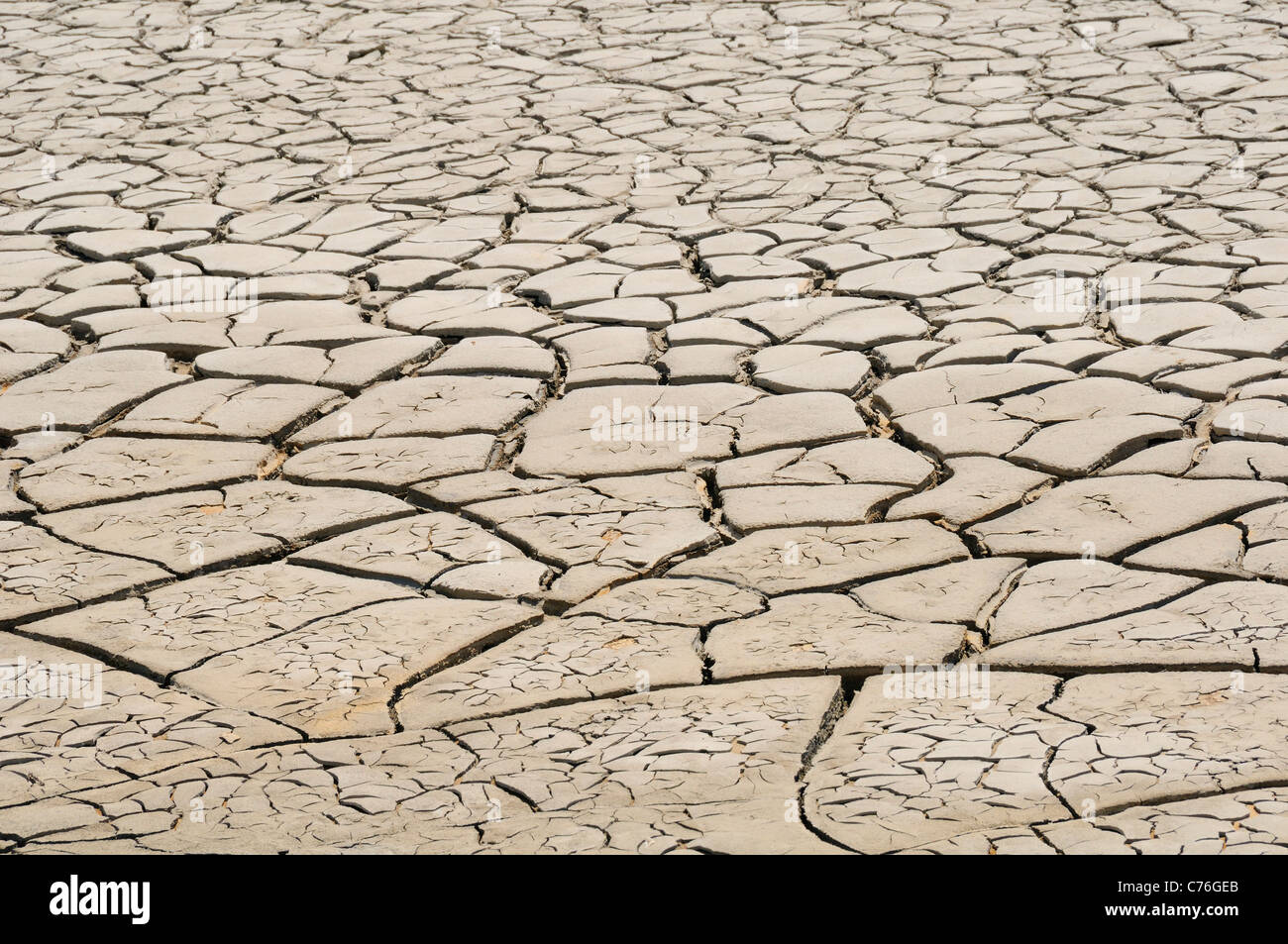 Asciugare incrinato il fango in condizioni di siccità, Etang de Fangassier, la Camargue, Francia, Maggio. Foto Stock