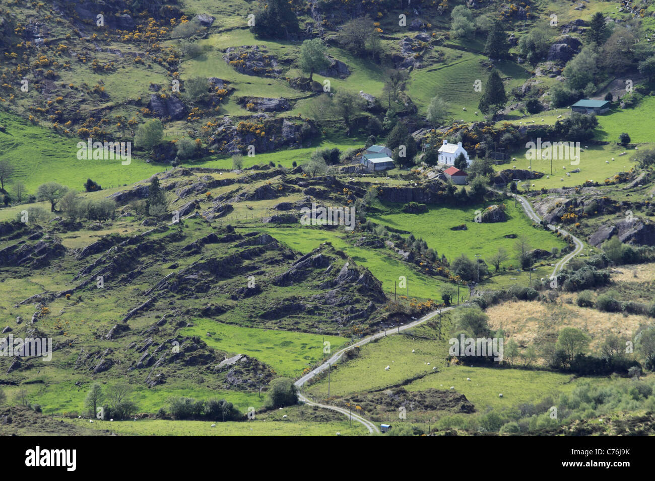 Un tradizionale cottage in una valle sulla Healy Pass, penisola di Beara, Co Kerry, Rep dell'Irlanda. Foto Stock