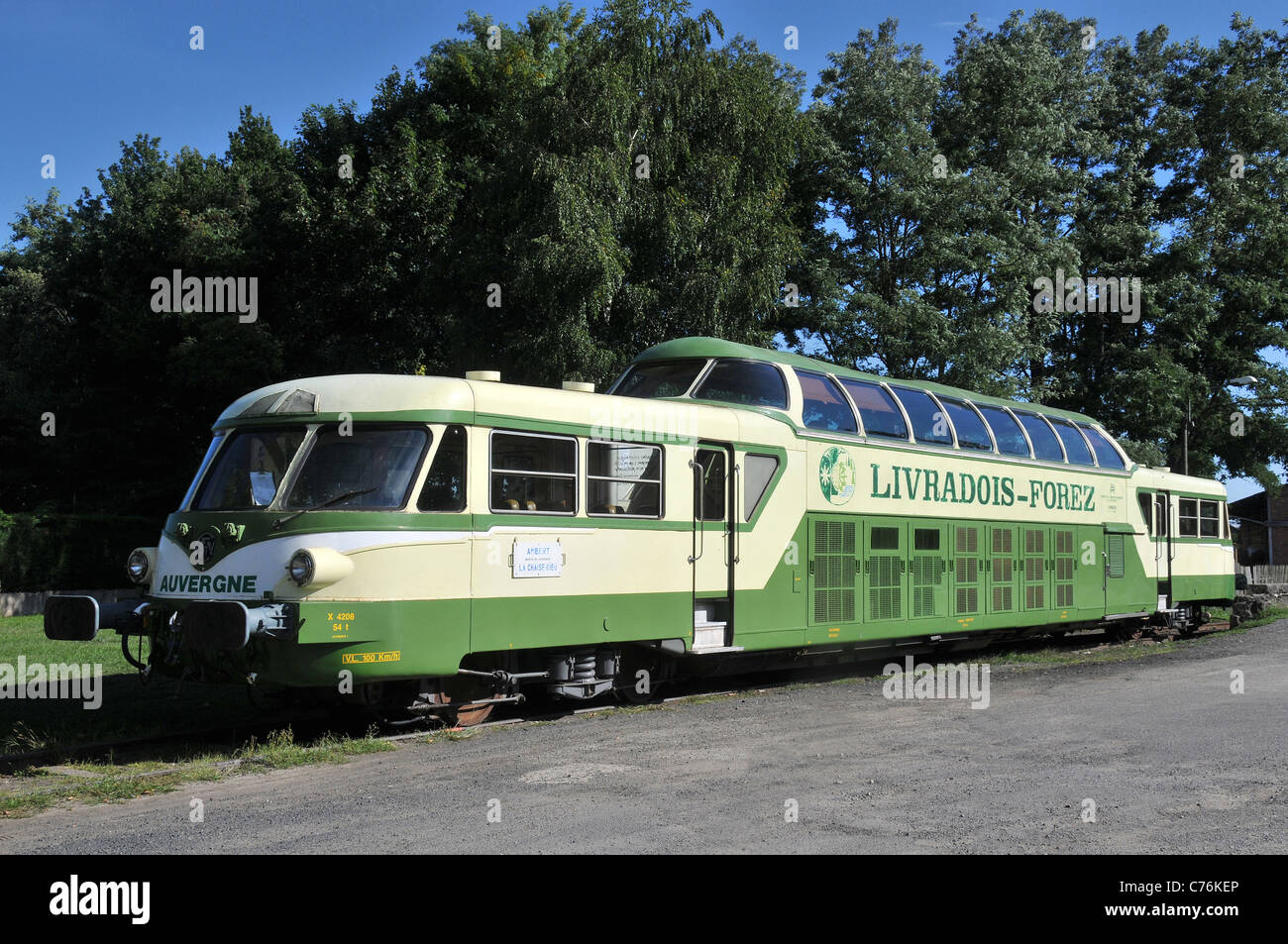 Il treno turistico, panoramica vagone ferroviario X 4208 Renault in Ambert stazione ferroviaria, Puy-De-Dôme, Auvergne, Francia Foto Stock