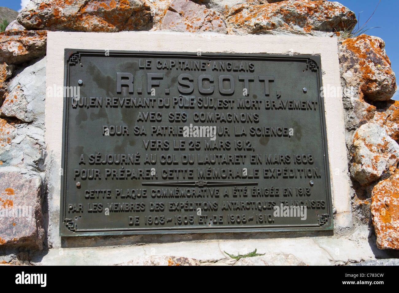 Memoriale al capitano Scott al Col du Lautaret nelle Alpi francesi Foto Stock