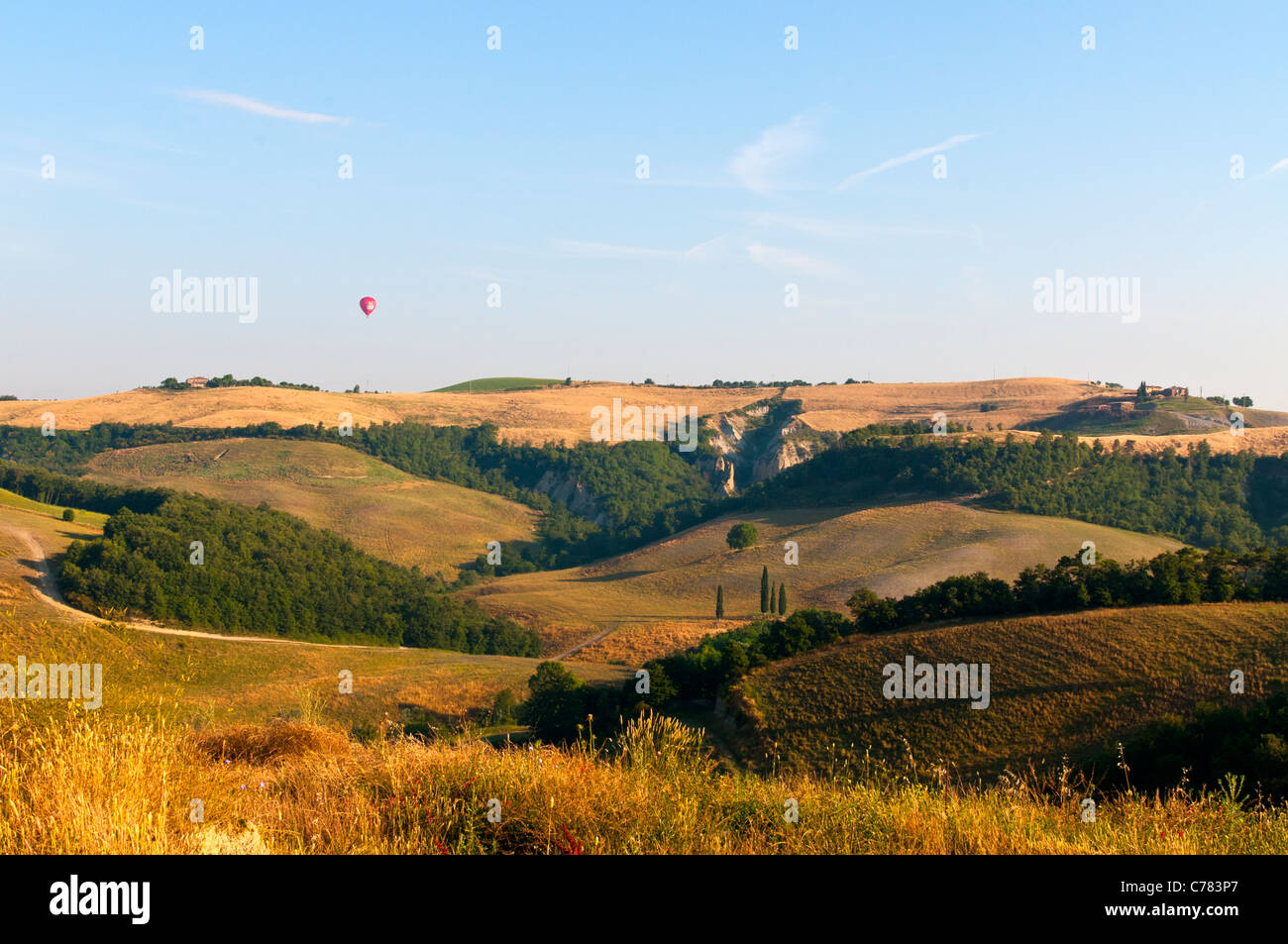 Una mongolfiera galleggia sopra la Creta senese nei pressi di vergelle, Montalcino, Toscana, Italia al mattino presto Foto Stock