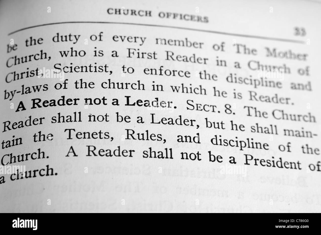 Definizione di un lettore nella Scienza Cristiana Chiesa manuale da Mary Baker Eddy Foto Stock