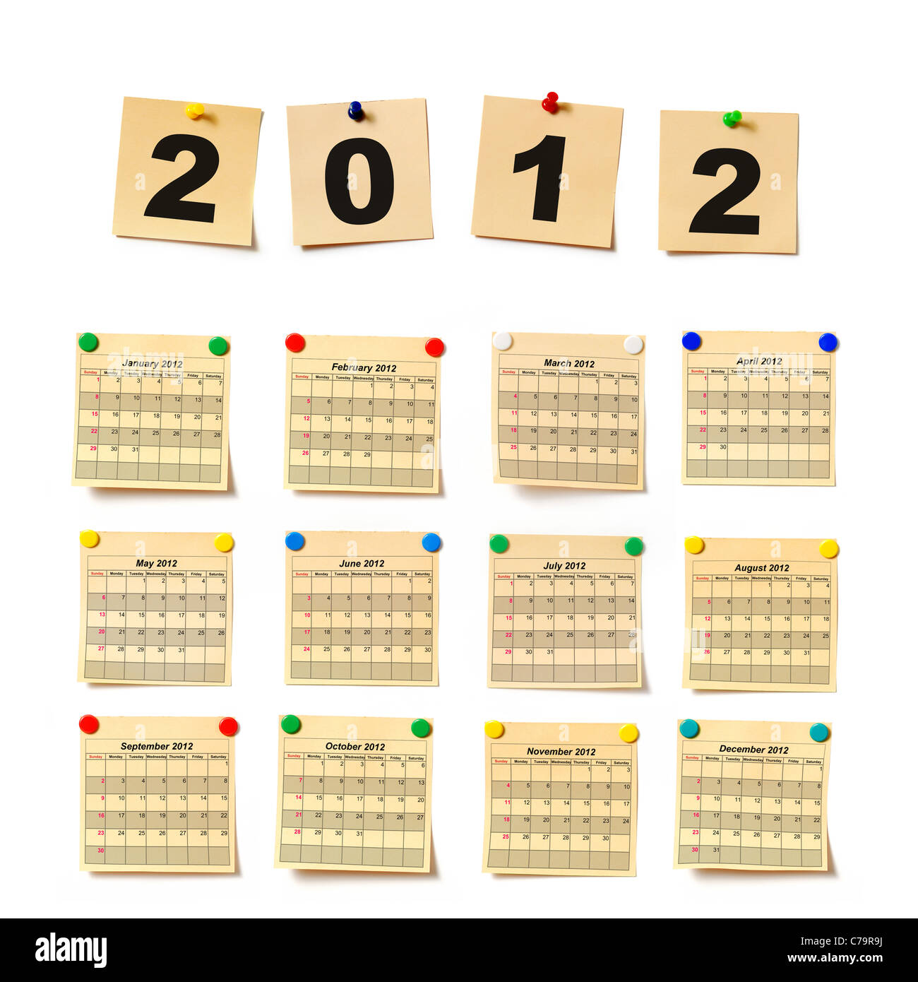 Il calendario sul set nota 2012. Carta una nota allegata a una parete pulsanti è isolato su uno sfondo bianco Foto Stock