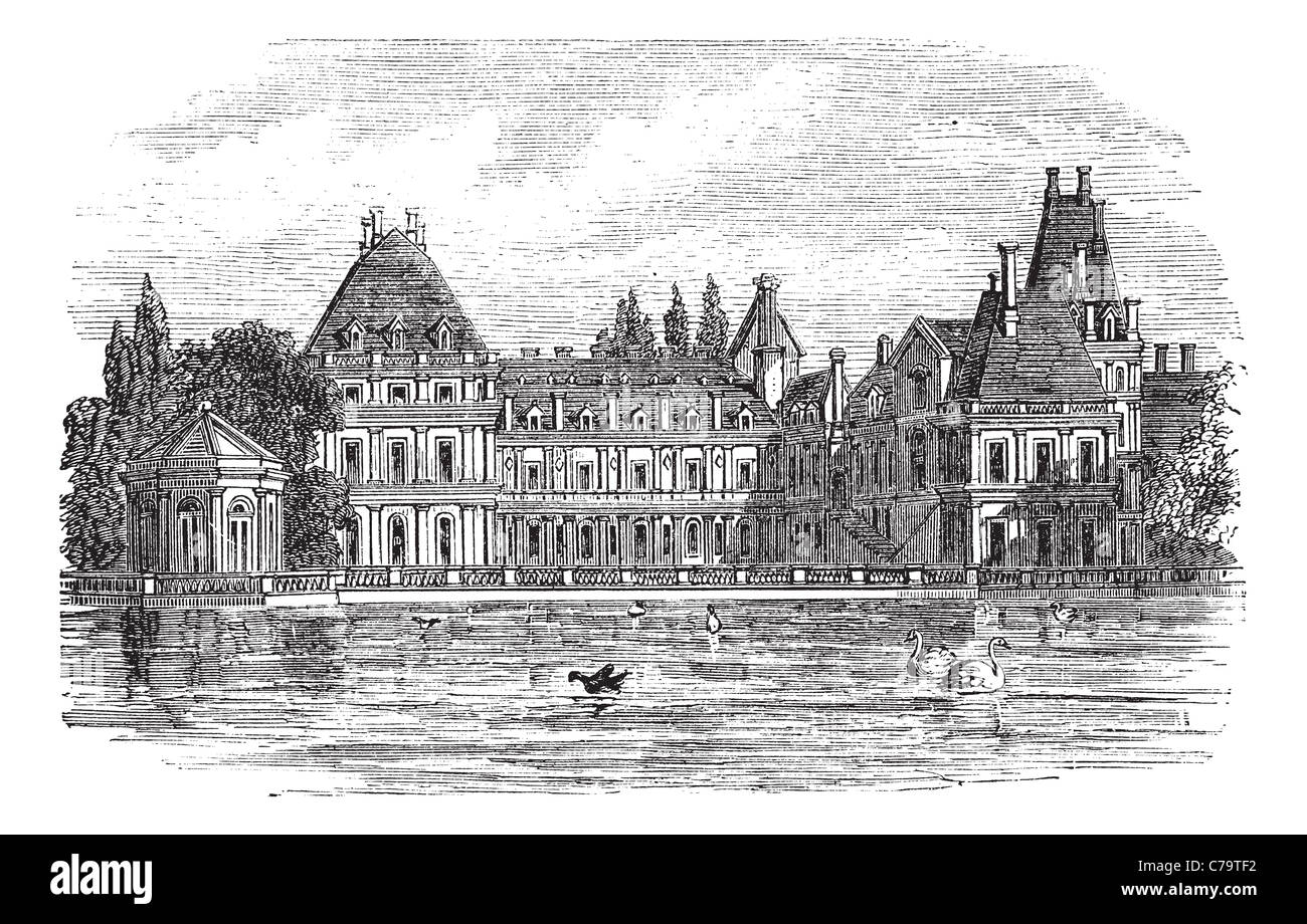 Palazzo Fontainebleau a Parigi, Francia, durante il 1890s, vintage incisione. Vecchie illustrazioni incise al Palazzo di Fontainebleau. Foto Stock