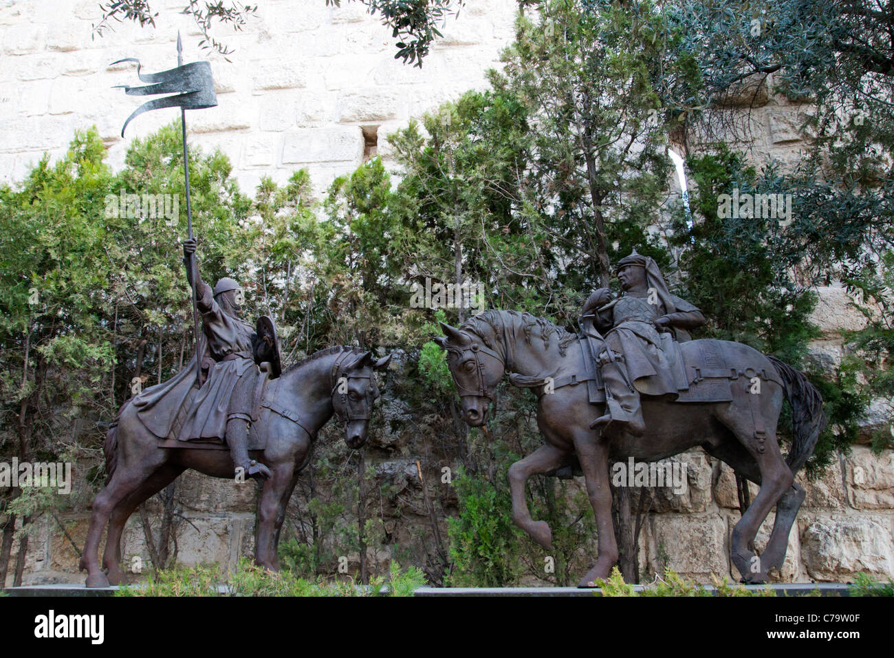 Saladino e Riccardo Cuor di Leone statua equestre, vecchia di Gerusalemme Foto Stock