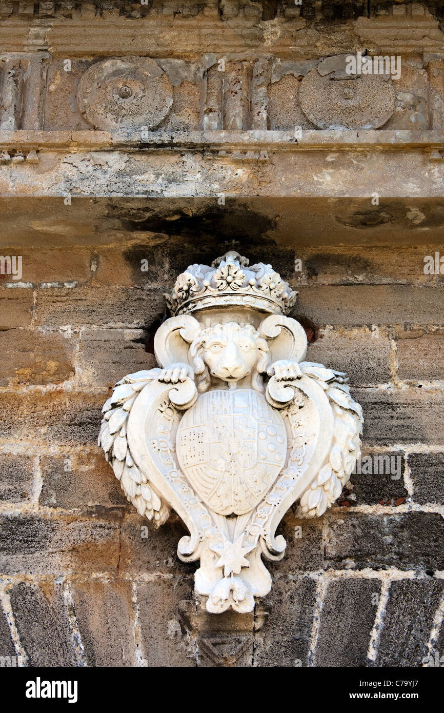 Il famoso leone scolpito nell'ingresso della storica El Morro fort situato nella vecchia San Juan Puerto Rico. Foto Stock