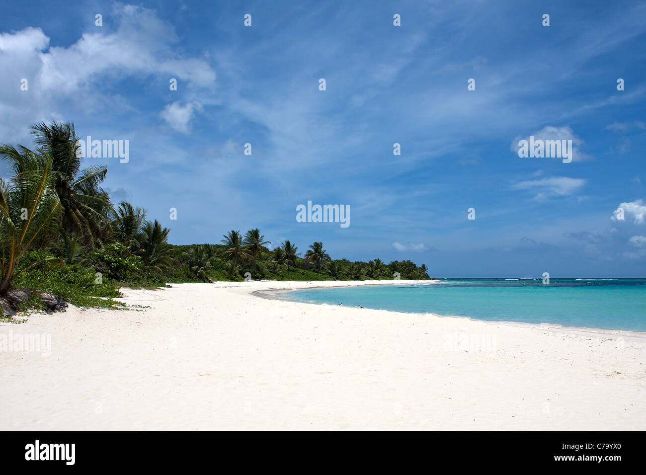La splendida facciata bianca riempito di sabbia di Flamenco sulla spiaggia di Puerto Rican isola di Culebra. Foto Stock