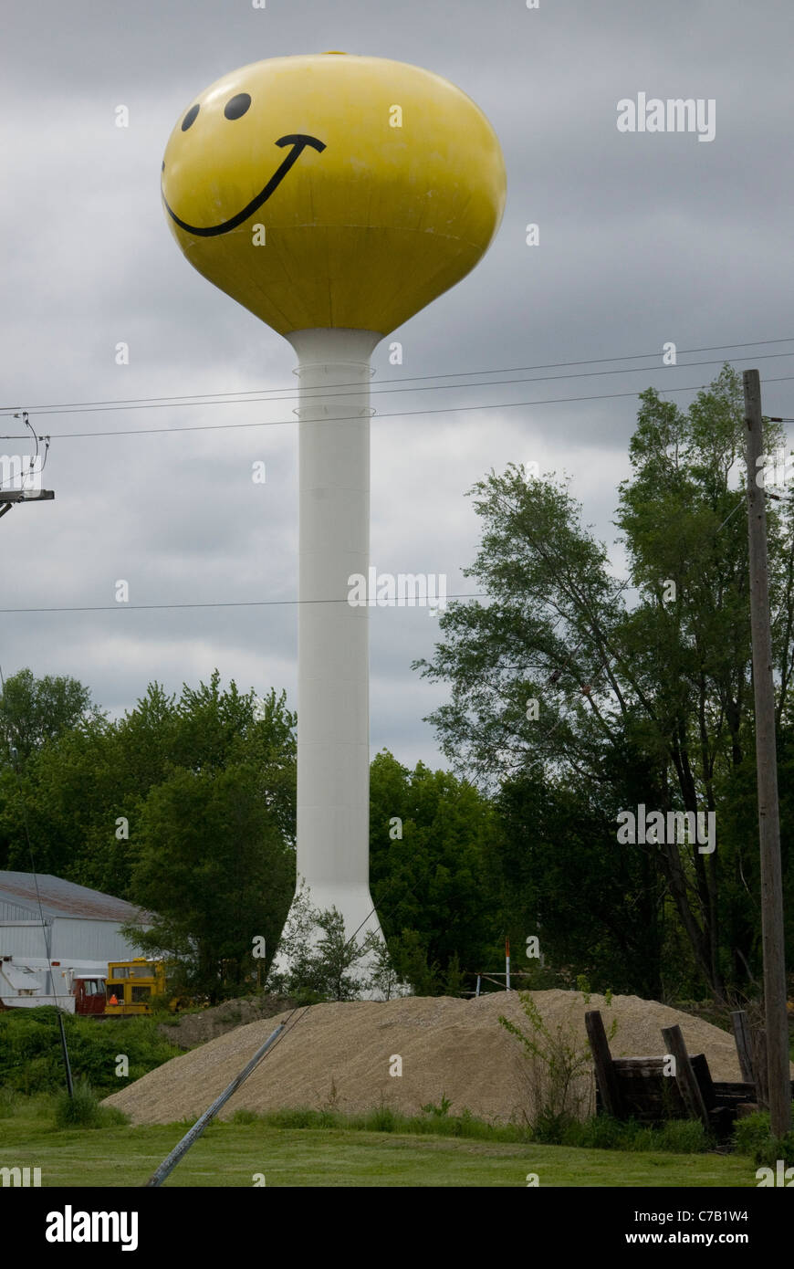 Watertower con faccina sorridente, Atlanta, Illinois, Stati Uniti d'America Foto Stock