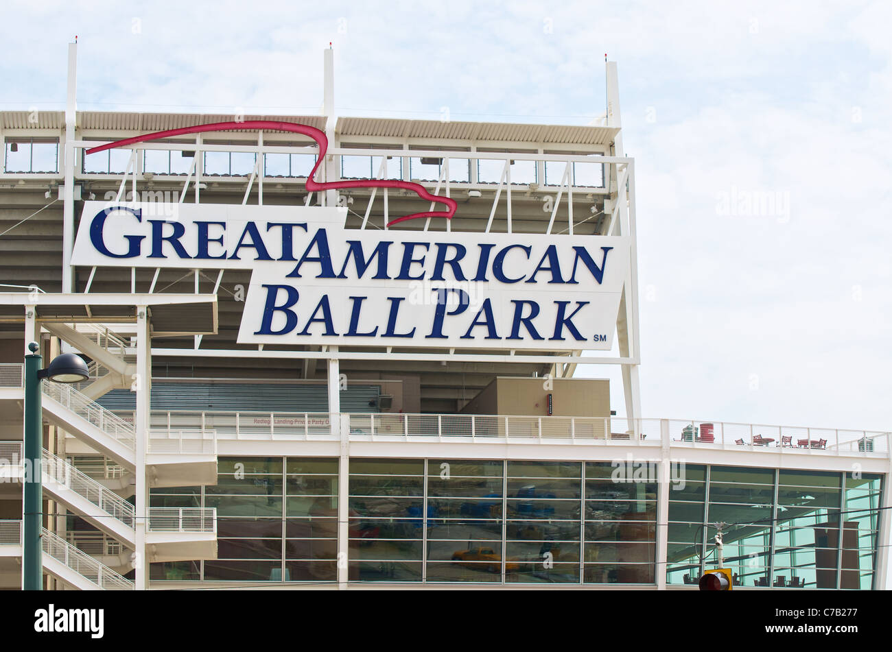 Segno sulla Great American Ball Park sulle rive del fiume Ohio a Cincinnati, Ohio, Stati Uniti d'America Foto Stock