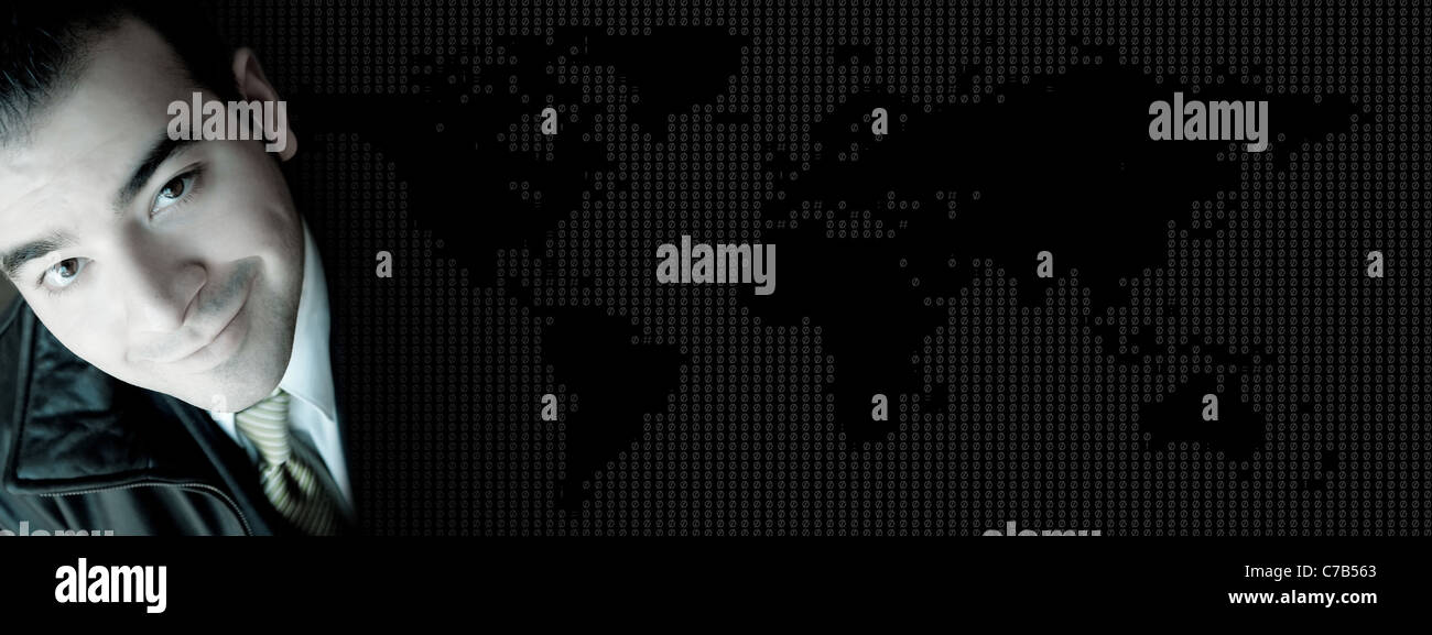 Banner Aziendale lo sfondo con un sorridente giovane uomo d affari su una mappa del mondo texture. Foto Stock