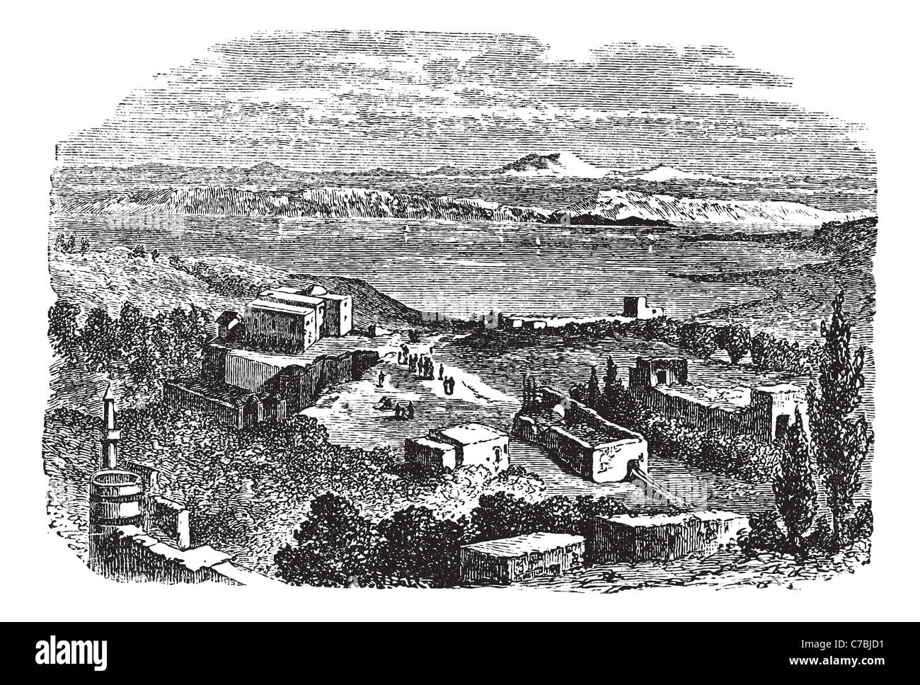 Mare di Galilea o lago di Genezaret o Kinneret o il lago di Tiberiade, in Israele, durante il 1890s, vintage incisione. Foto Stock