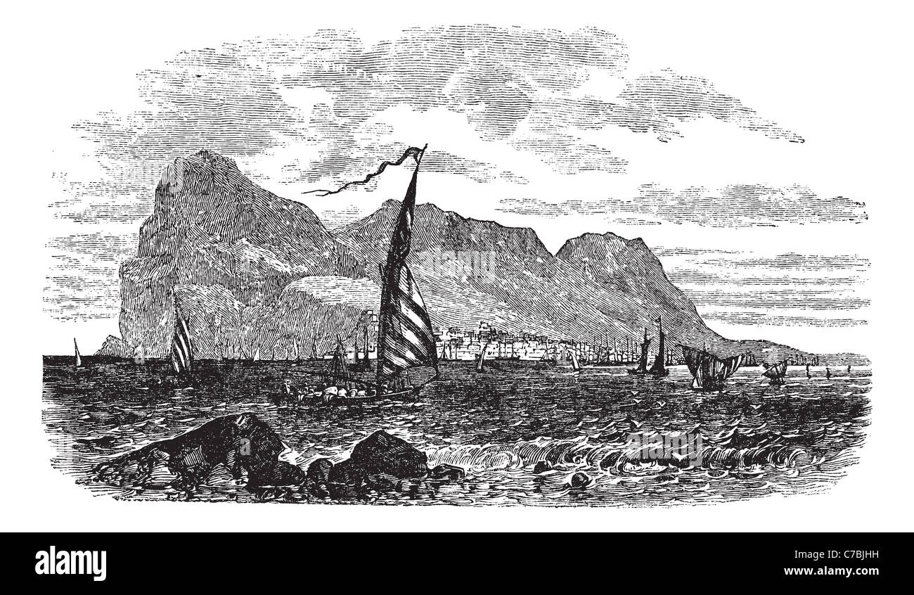 Gibilterra nella Penisola Iberica, Europa, durante il 1890s. Vecchie illustrazioni incise di Gibilterra con barche in movimento nella parte anteriore. Foto Stock
