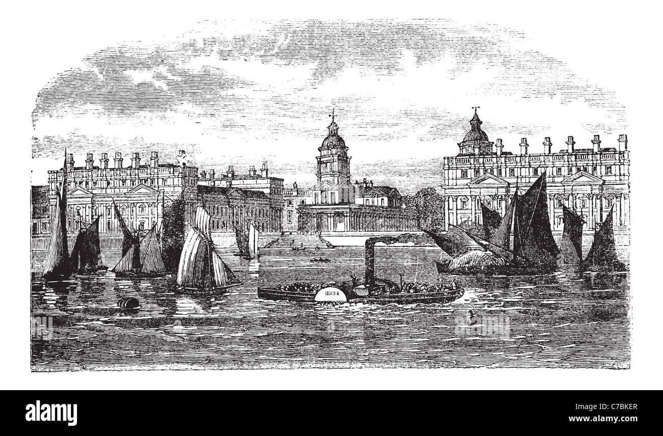 Ospedale di Greenwich o Ospedale Reale per i marinai, Greenwich, Inghilterra, durante il 1890s, vintage incisione. Foto Stock