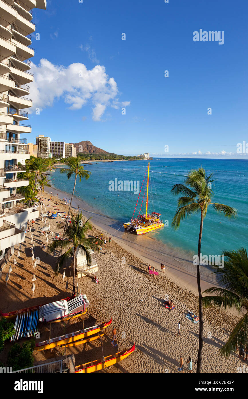La spiaggia di Waikiki, Honolulu Oahu, Hawaii Foto Stock