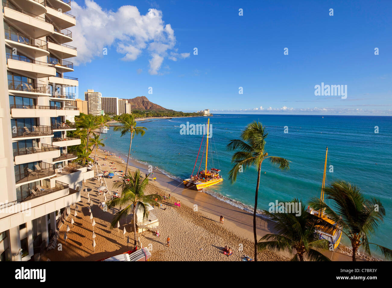 La spiaggia di Waikiki, Honolulu Oahu, Hawaii Foto Stock