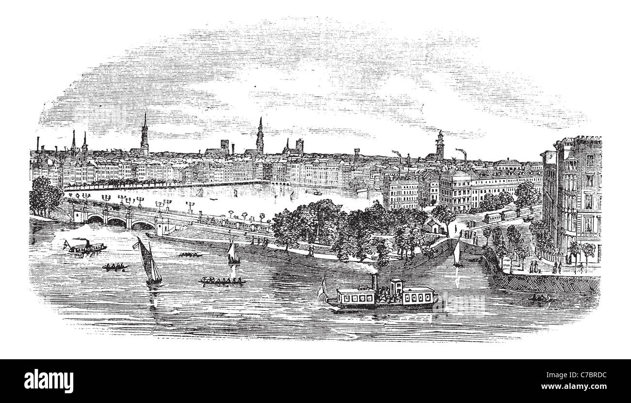 Canal ed edifici a Amburgo, Germania vintage incisione. Vecchie illustrazioni incise della splendida vista della città di Amburgo. Foto Stock